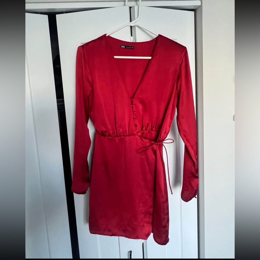Zara Red Satin Wrap Mini Dress